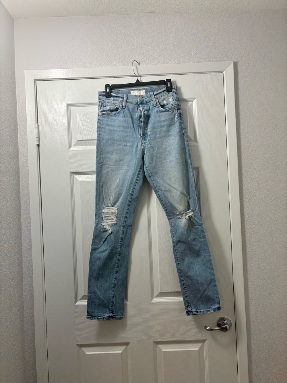 MOTHER Light Blue Straight Leg Distressed Jeans